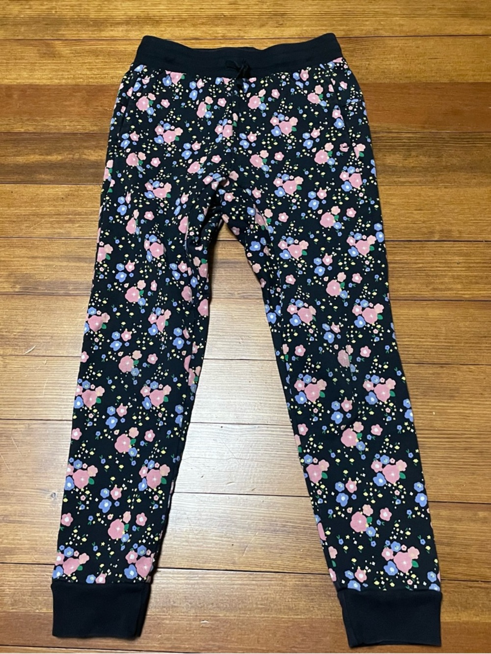 Tea Collection Black Floral Cotton Joggers with Pink and Blue Blooms Size 12